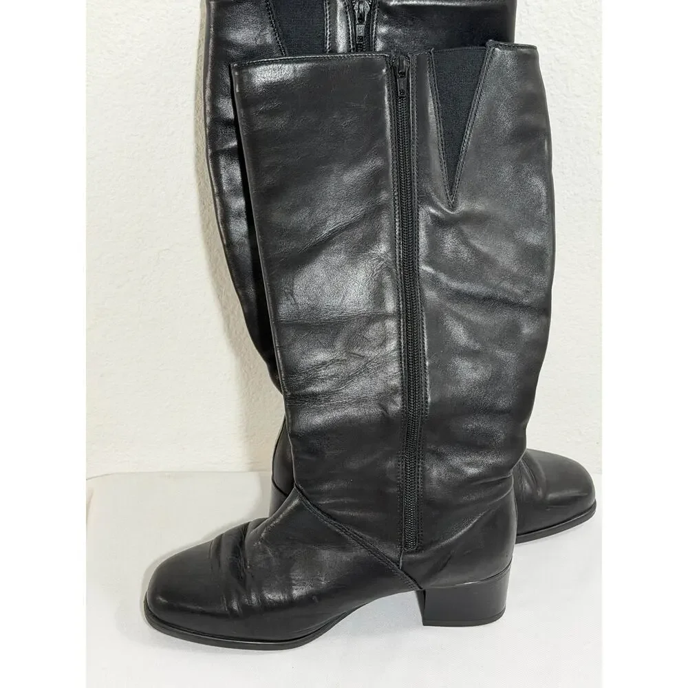 Vintage 90's Re'gence Canada Tall Winter Leather Boots Black Cozy Lined